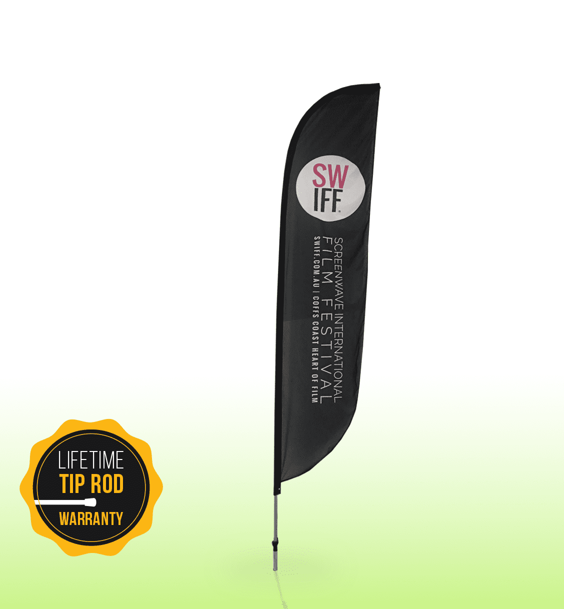 A medium single-sided feather bow flag in black, featuring a logo and a warranty badge at the bottom.