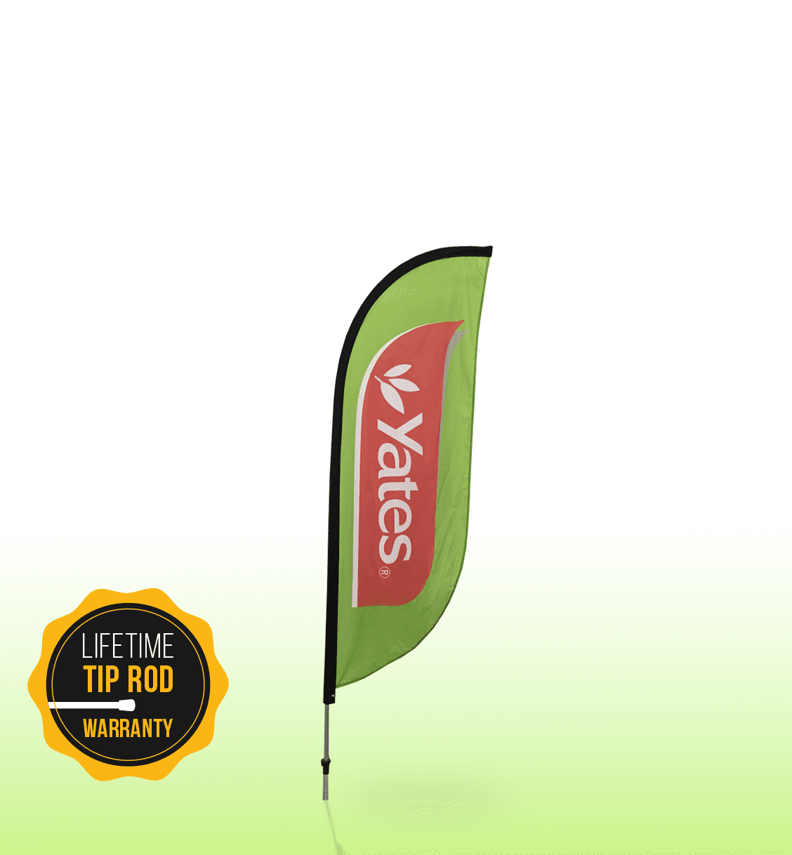 A green feather bow flag with a logo, featuring a single-sided design and a curved shape.