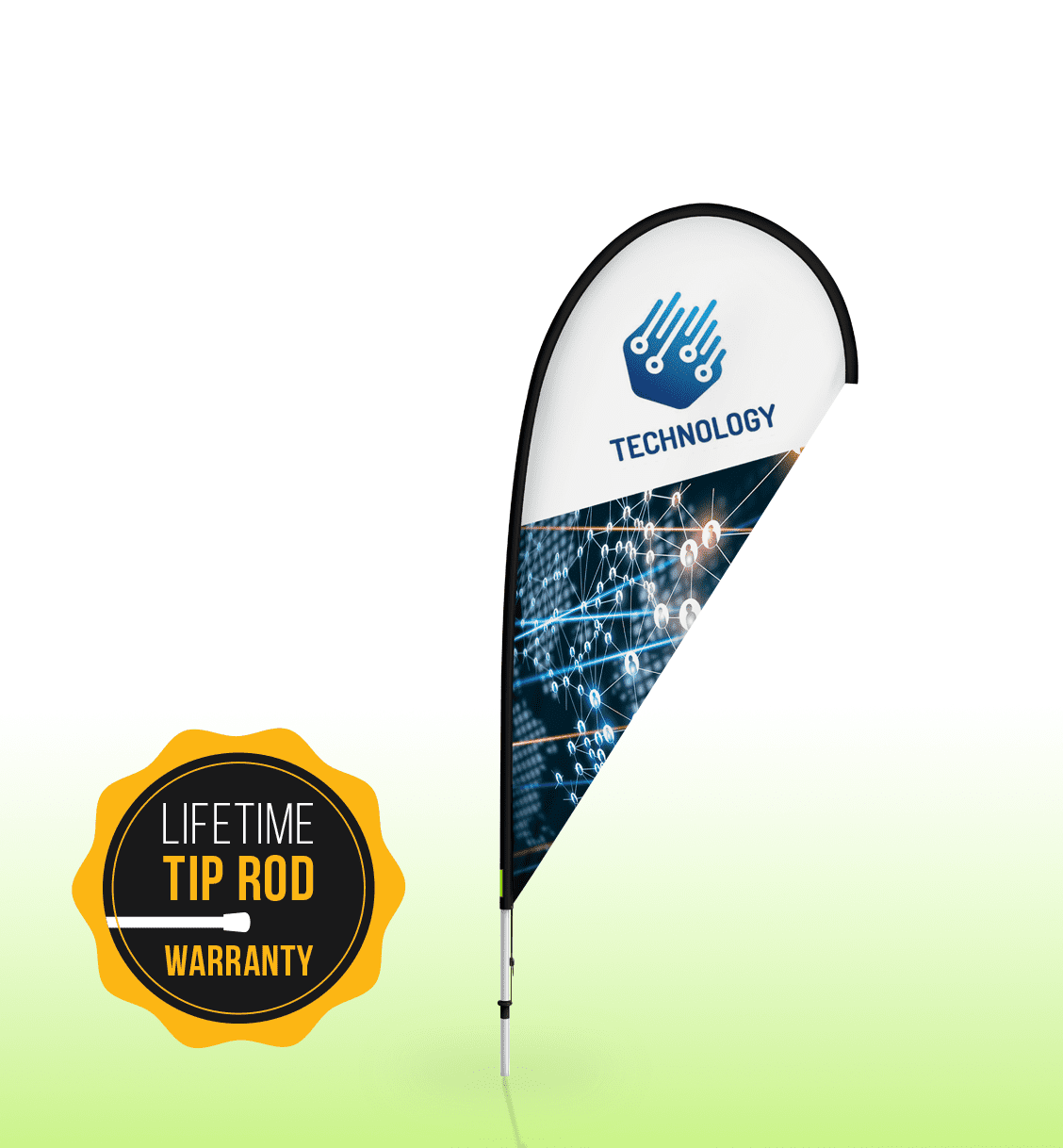 A teardrop banner featuring a blue and white design with a logo and abstract technology graphics.