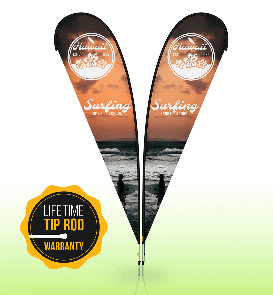 Two large double-sided teardrop banners featuring a sunset and ocean scene, with a logo and branding. Primary colours are black and orange.