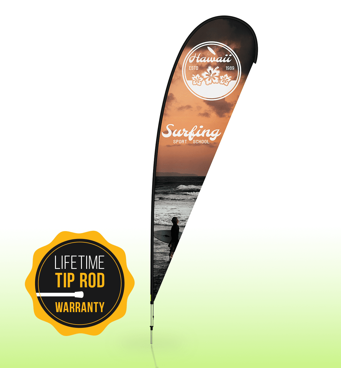 A large teardrop banner featuring a sunset surfing scene, with black and orange colours, and a logo.