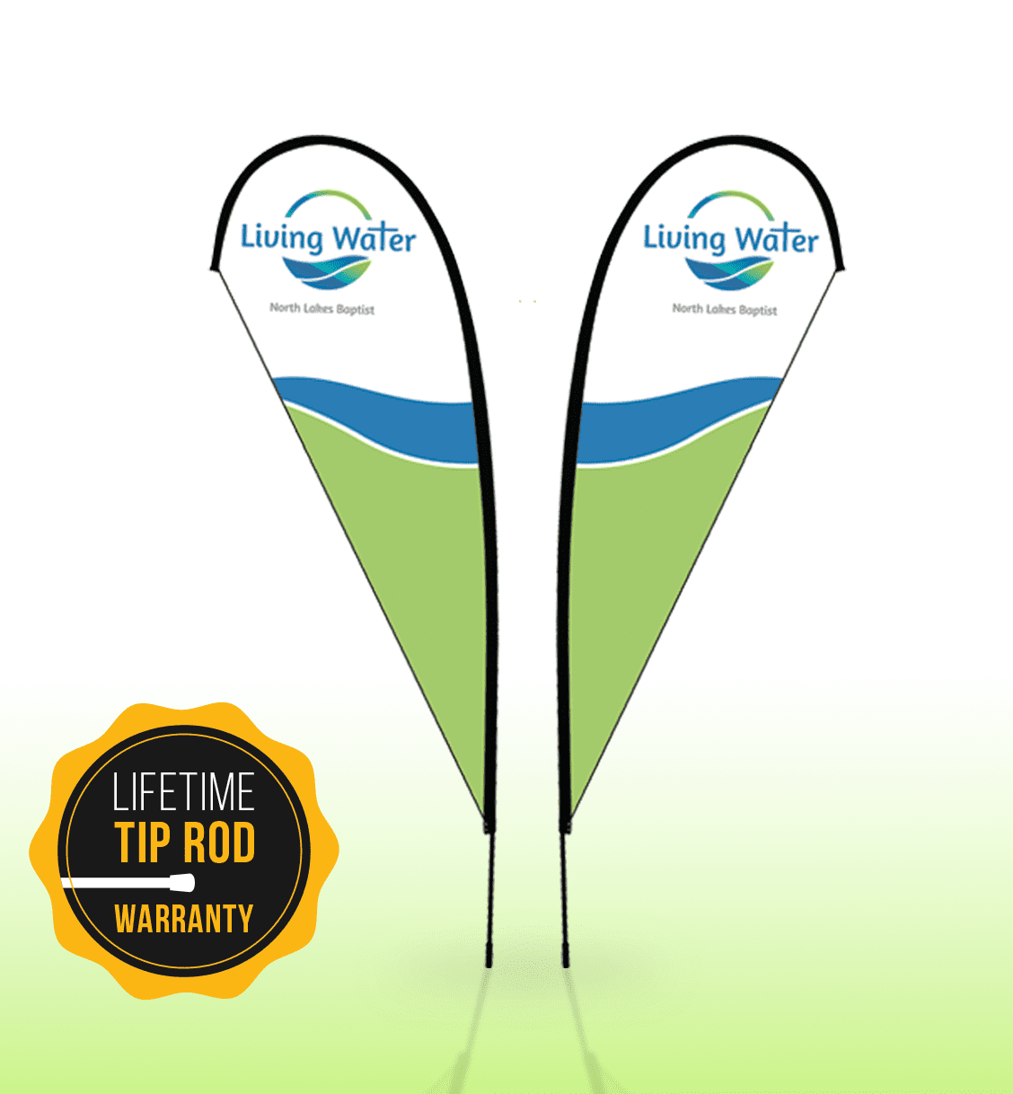 Two medium double-sided teardrop banners featuring a white and green design, with a logo and a black pole.