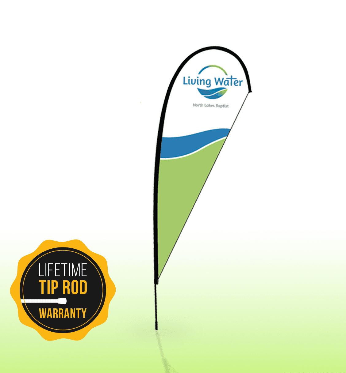 A teardrop banner featuring a green and blue design with a logo, mounted on a black pole.