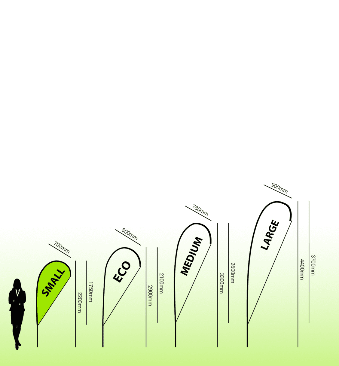 A teal and green teardrop banner collection displaying small, medium, and large sizes, alongside a person for scale.
