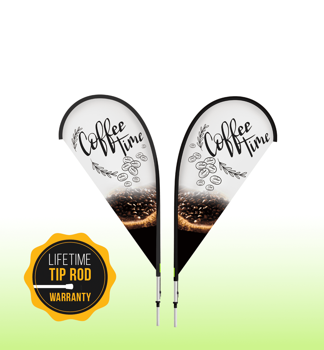 Two small teardrop banners in black and white, featuring a coffee theme with a logo.