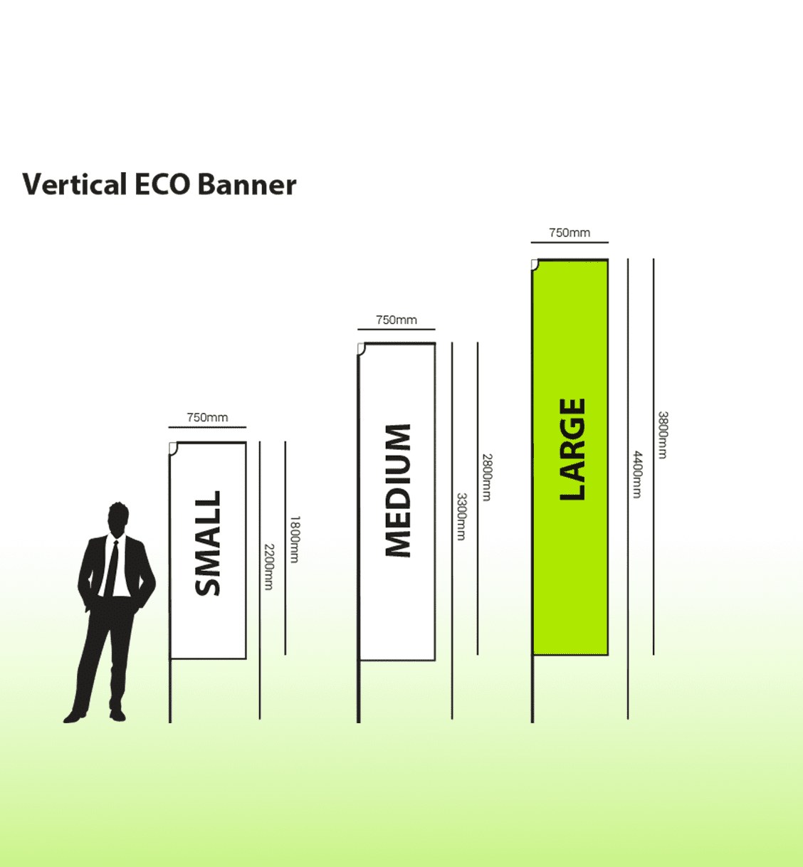 A large double-sided vertical banner design, featuring dimensions and a person silhouette for scale. The banner is green and white.