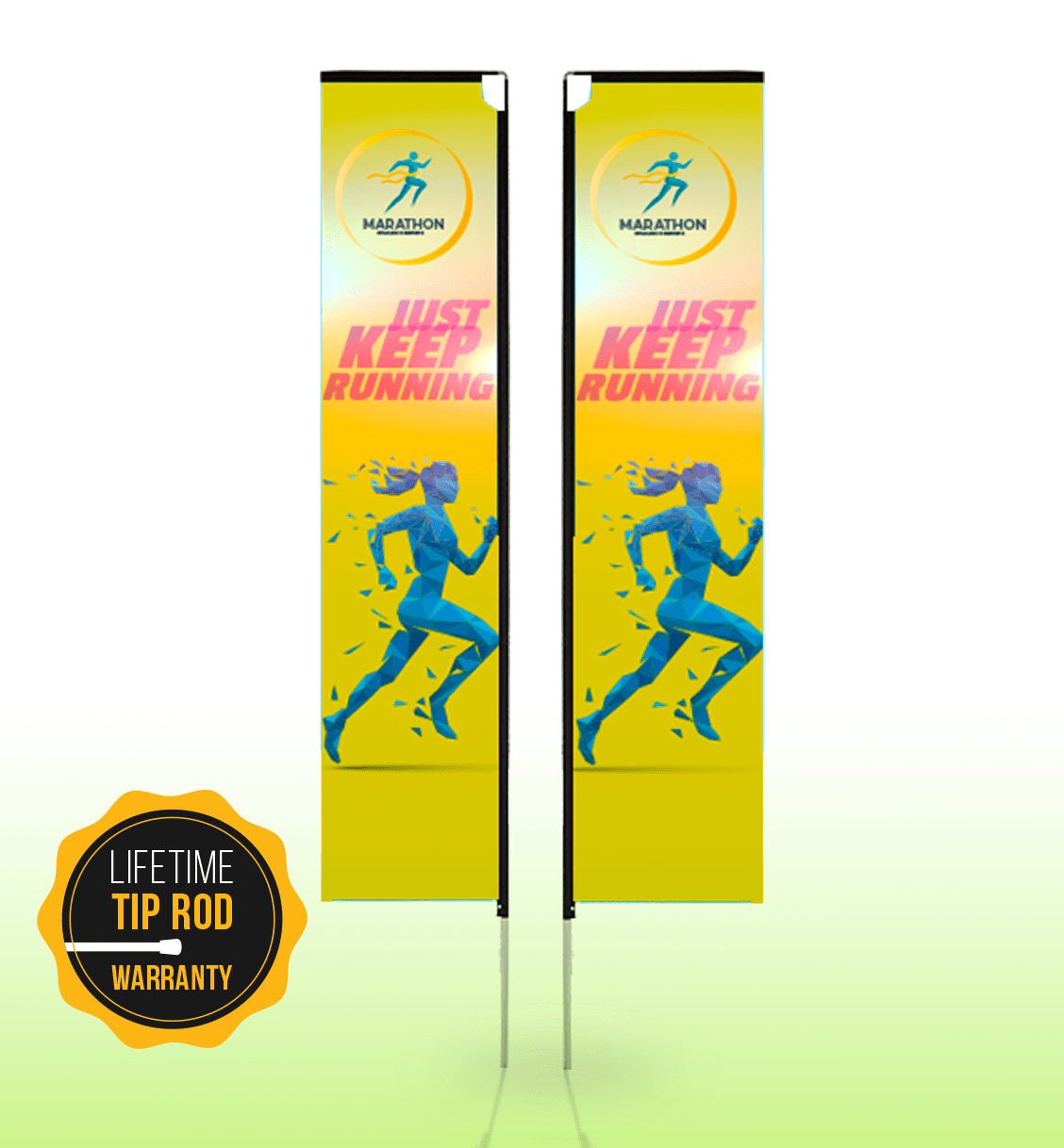 Large double-sided vertical banners featuring a vibrant yellow background with a runner graphic, and a logo.