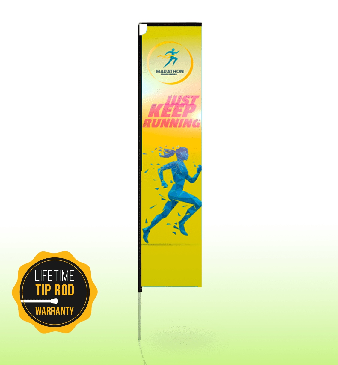 A large vertical feather flag featuring a vibrant yellow background and a blue running figure. It includes a logo.