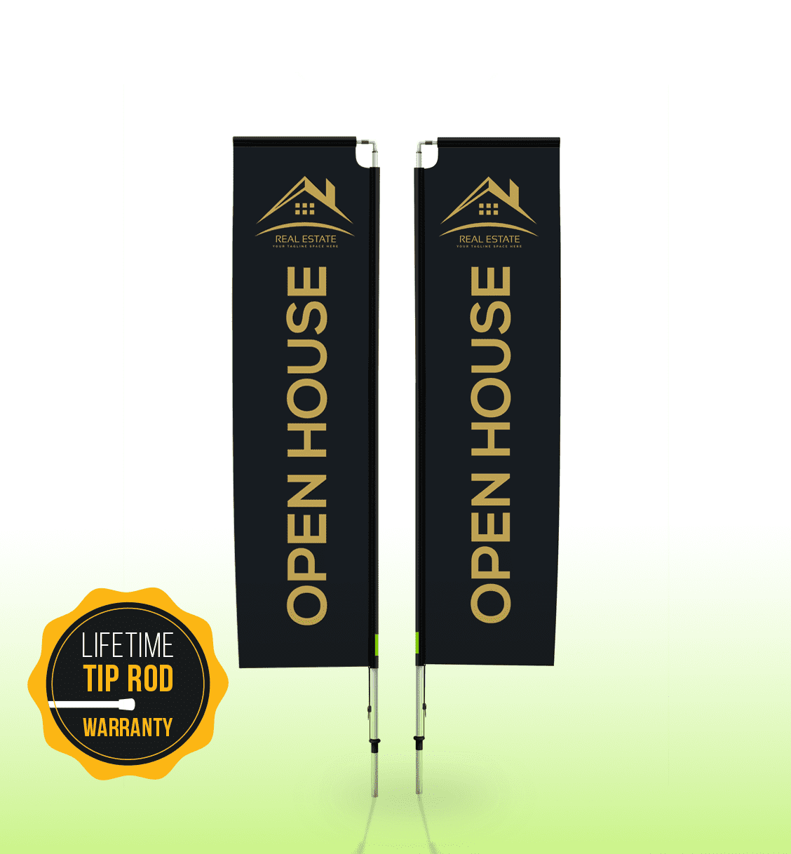 Two vertical double-sided banners featuring a black design with gold text. Each banner has a logo at the top.