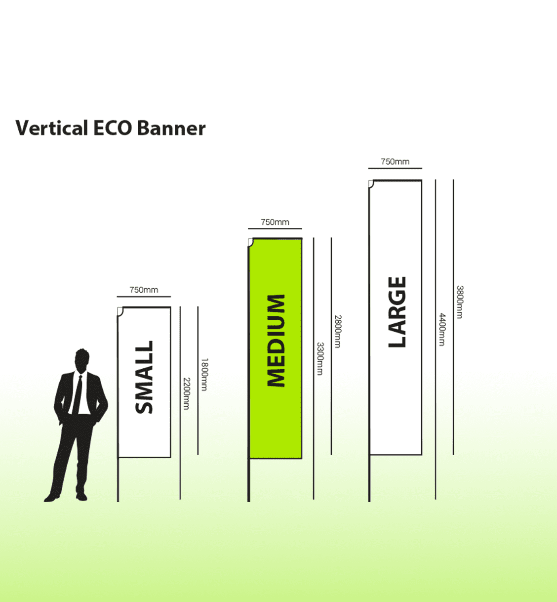 A medium vertical banner in green and white, with measurements and size comparison alongside a silhouette.