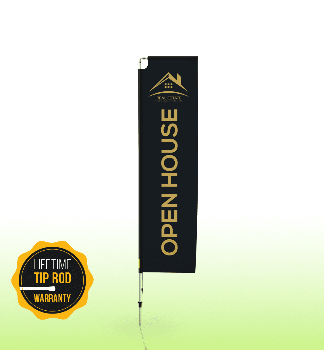 A vertical feather banner in black with a logo, featuring the words "OPEN HOUSE" in yellow.