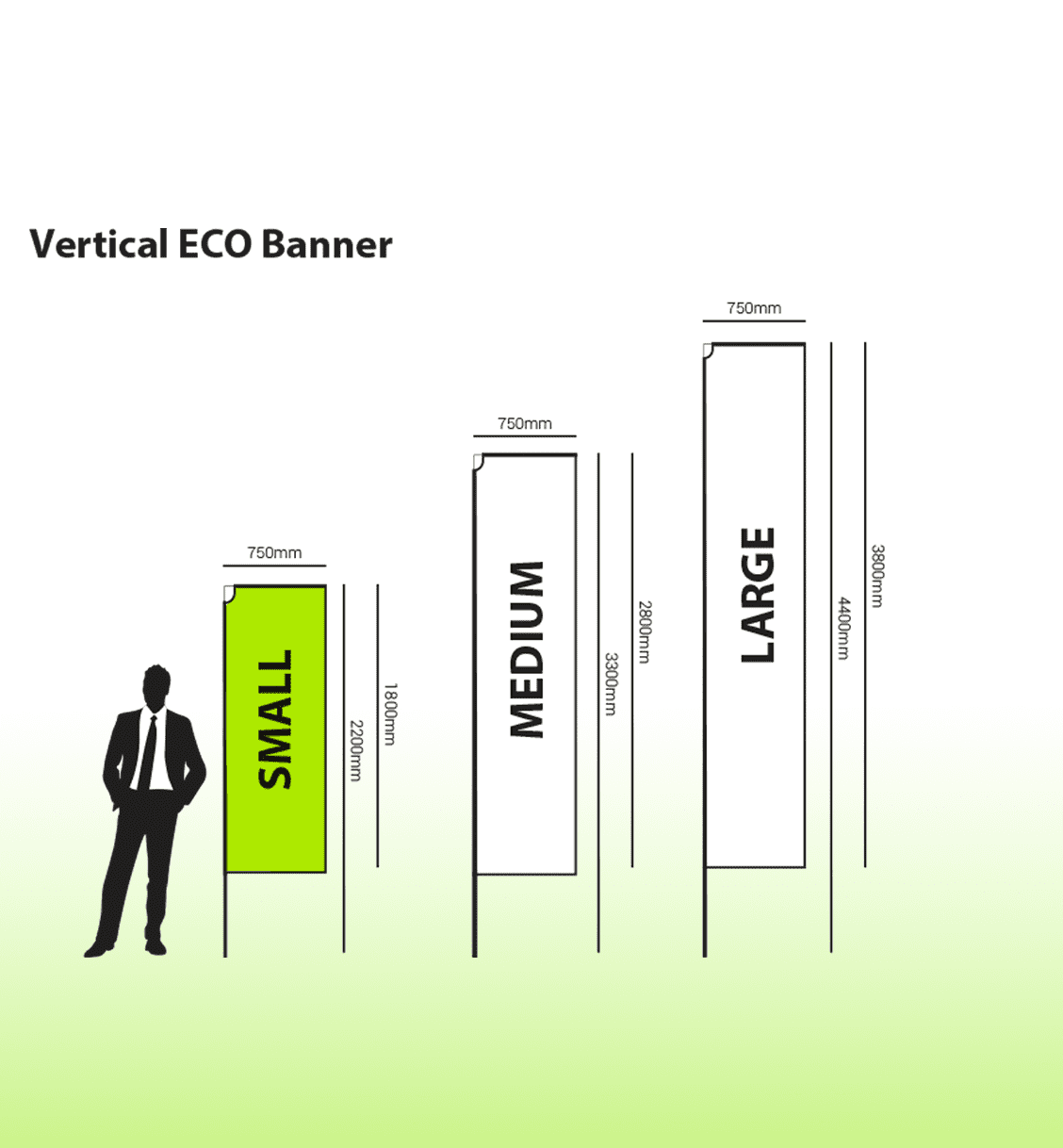 A vertical eco banner illustration displaying small, medium, and large sizes with a silhouette and measurements, predominantly in green and white.