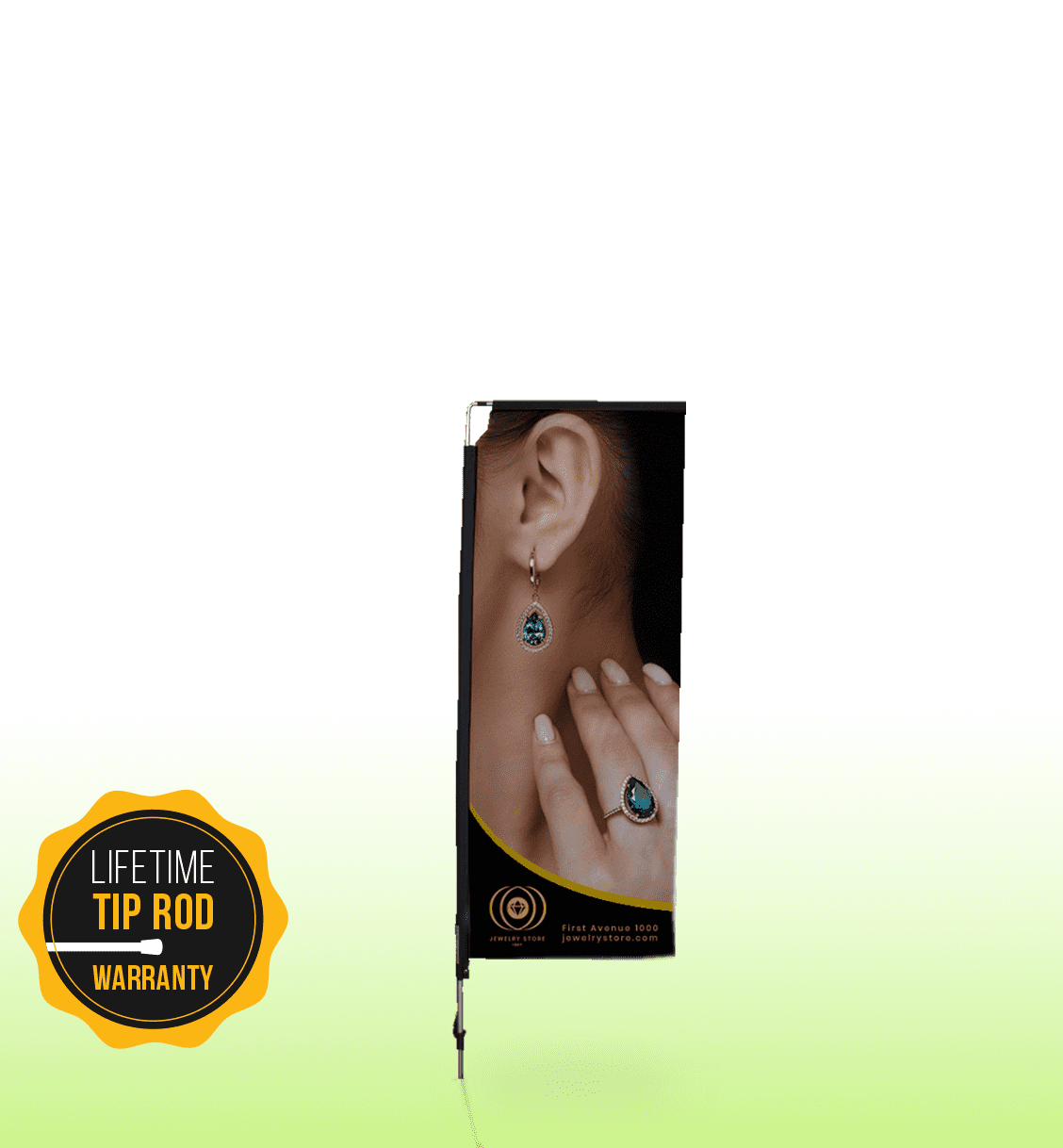 A vertical banner featuring a model wearing earrings, with a logo and warranty badge at the bottom. The background is gradient green.