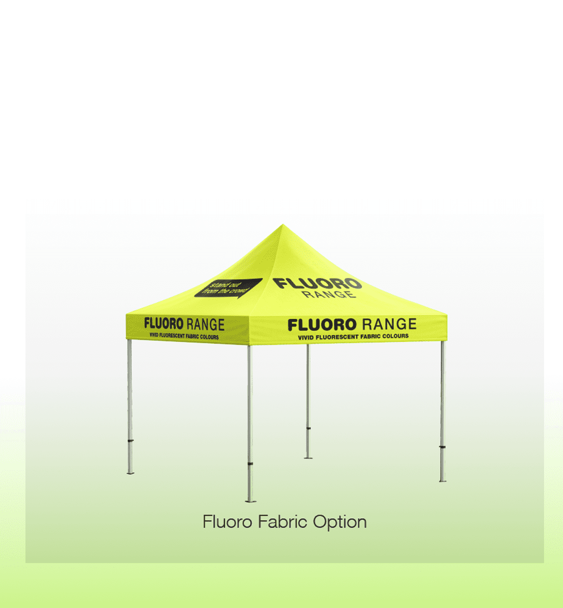 A bright fluoro yellow gazebo with a peaked roof and a logo, supported by metal legs.