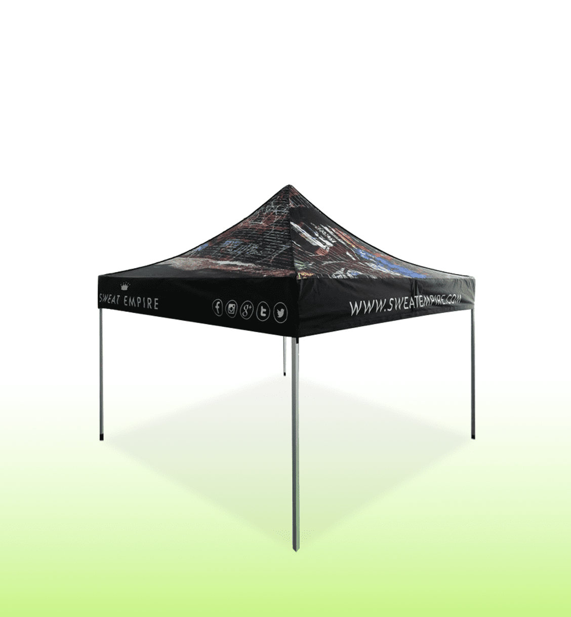 A heavy-duty black gazebo with a printed design, featuring a peaked top and four sturdy legs.