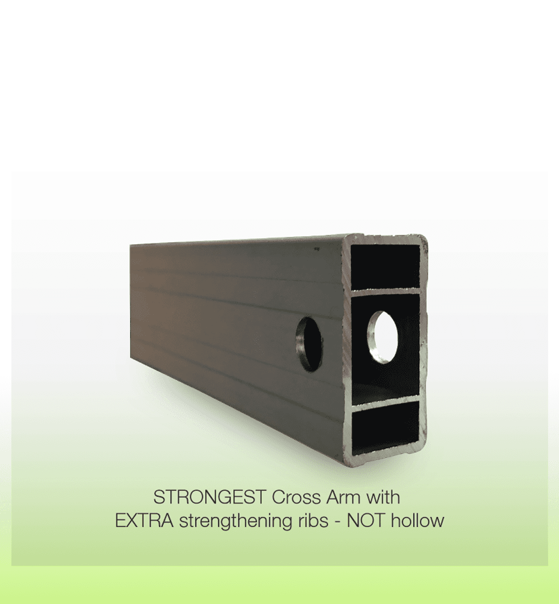 A robust rectangular cross arm in a metallic grey finish, featuring extra strengthening ribs and a hollow centre.