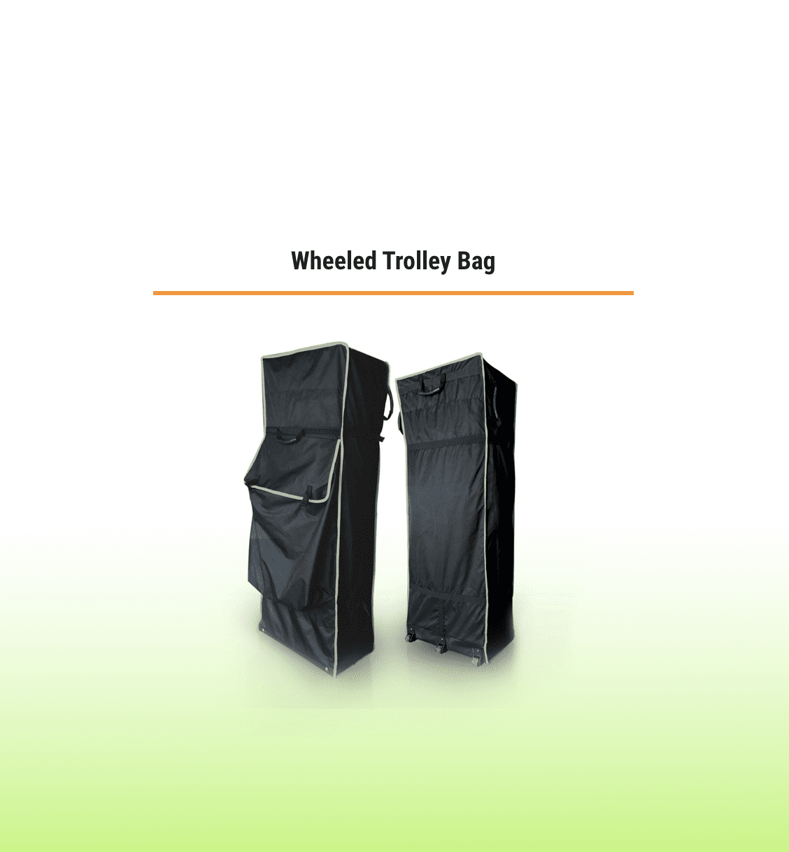 A wheeled trolley bag in black with a zip closure and exterior pocket, featuring a sturdy design for easy transport.