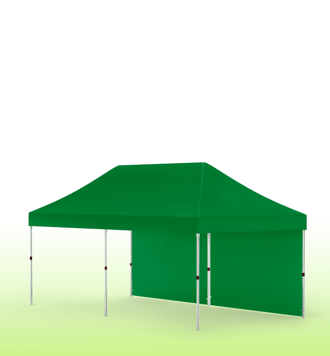 A green gazebo featuring unprinted marquee walls and a peaked roof design. It has a sturdy frame and adjustable legs.