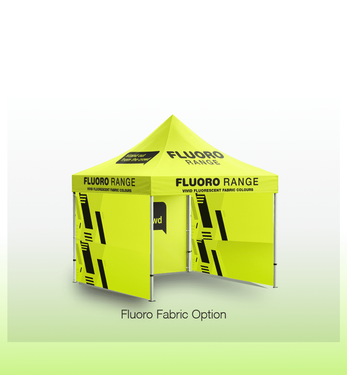 A bright yellow gazebo with double-sided printed walls featuring logos and branding.