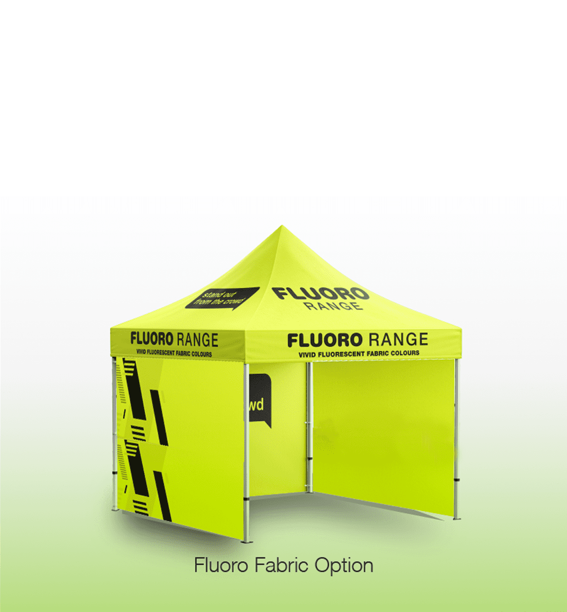A marquee tent in bright fluorescent yellow with printed branding and open sides. It features a vibrant design.