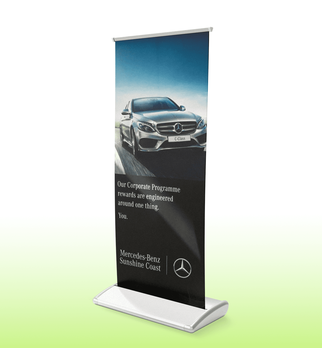 A pull-up banner featuring a sleek car image with a black and blue colour scheme and a silver base.