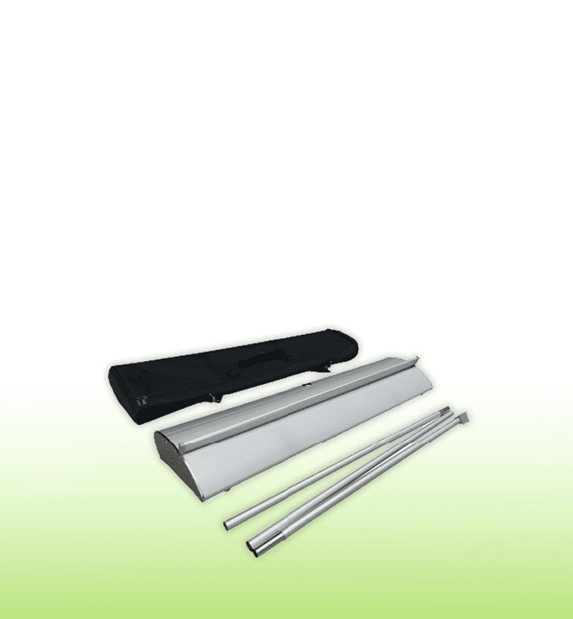 A premium pull-up banner kit featuring a black carrying case, a silver base, and two silver support poles.