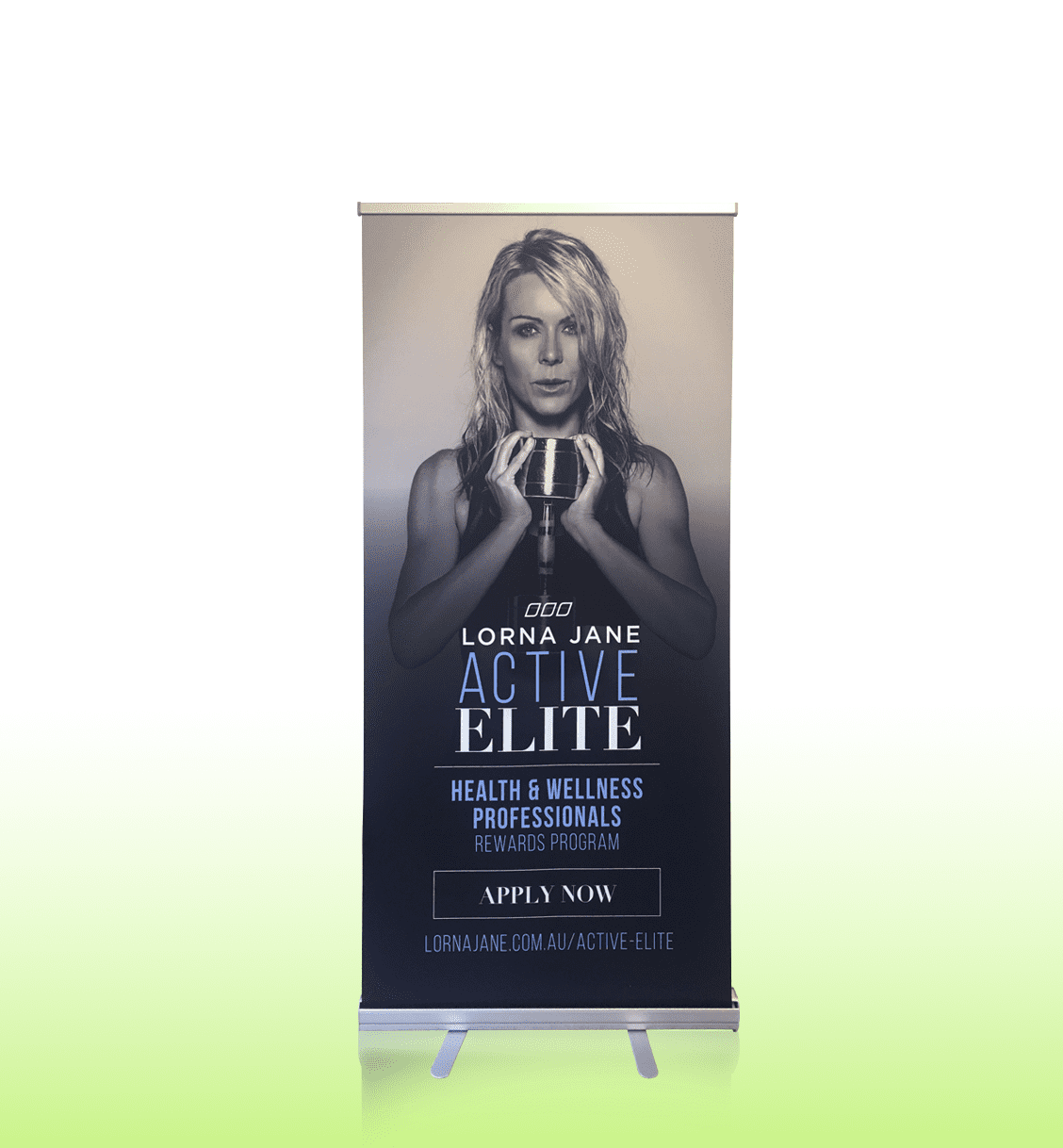 A pull-up banner featuring a black and white image of a woman holding a trophy, with blue and white text and an unknown logo.