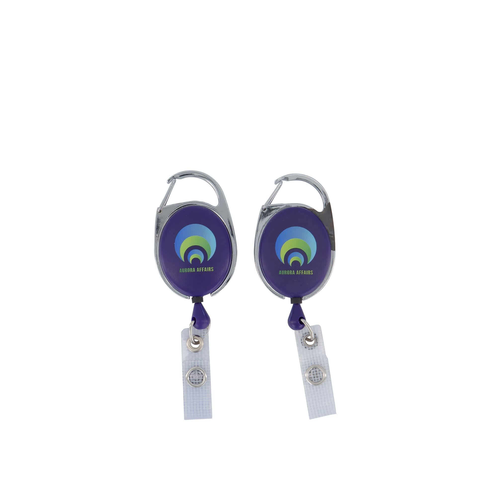 A deluxe oval retractable badge reel with a purple body and a clear vinyl strap, featuring a logo.