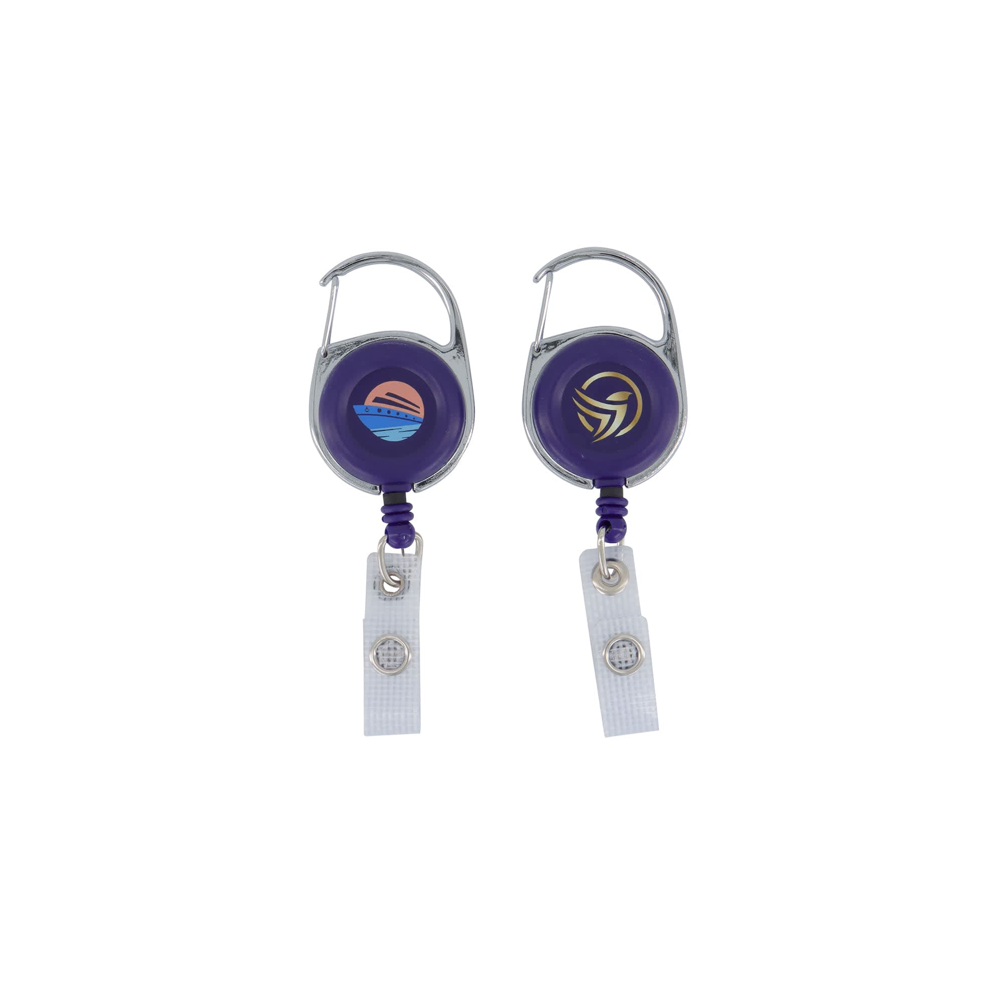 A round purple retractable reel with a metal clip and a clear strap, featuring two sides and logos.