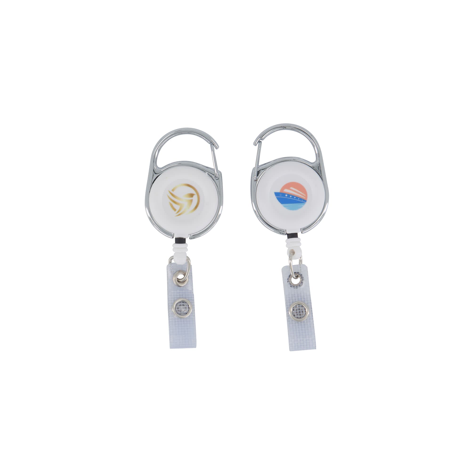A double-sided retractable badge reel with a white and black design, featuring a clip and two distinct logos.