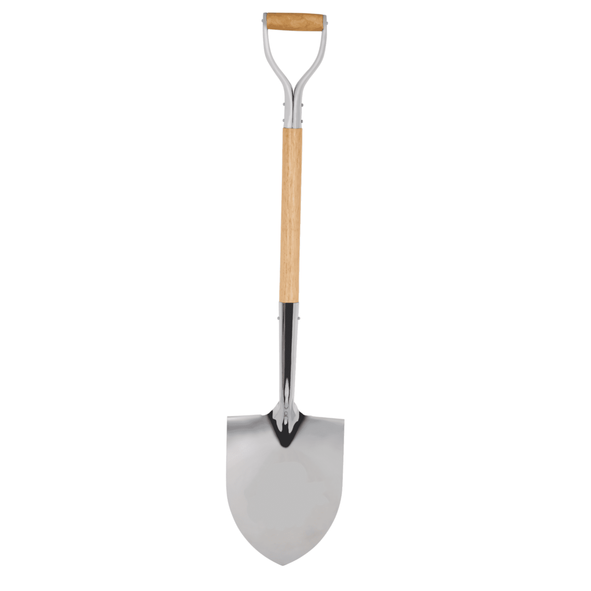 A chrome shovel with a stainless steel scoop and a wooden handle, featuring a metal frame and a shiny finish.