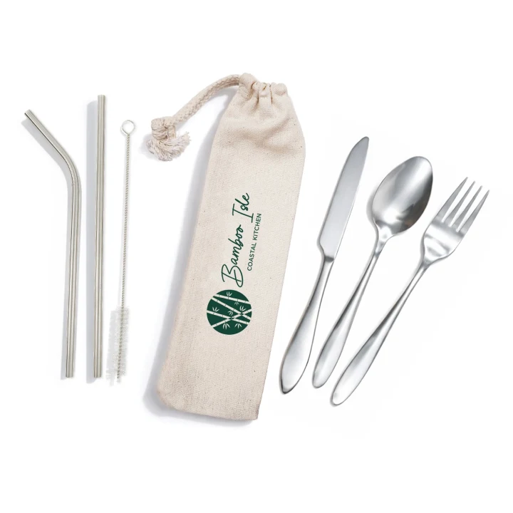 Banquet Stainless Steel Cutlery & Straw Set in Calico Pouch - image 1