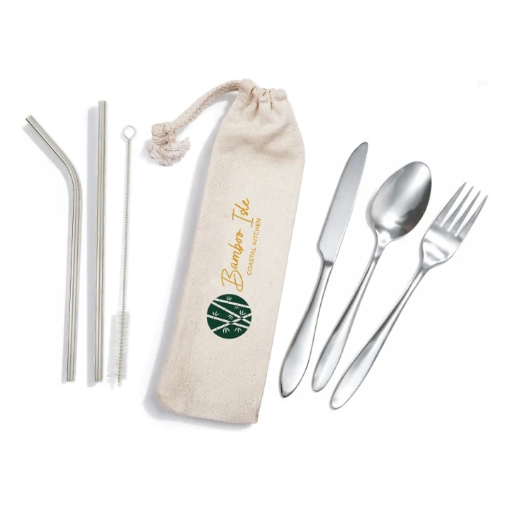 Banquet Stainless Steel Cutlery & Straw Set in Calico Pouch - image 2