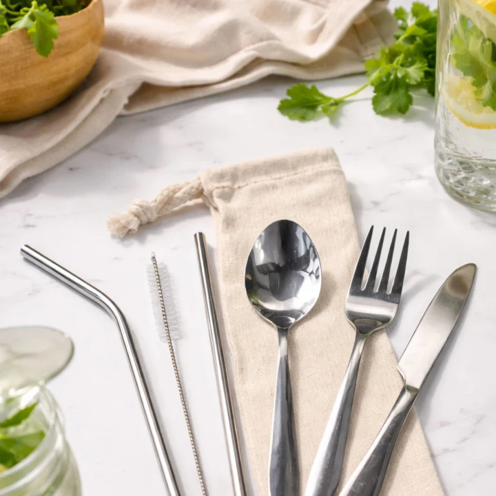 Banquet Stainless Steel Cutlery & Straw Set in Calico Pouch - image 7