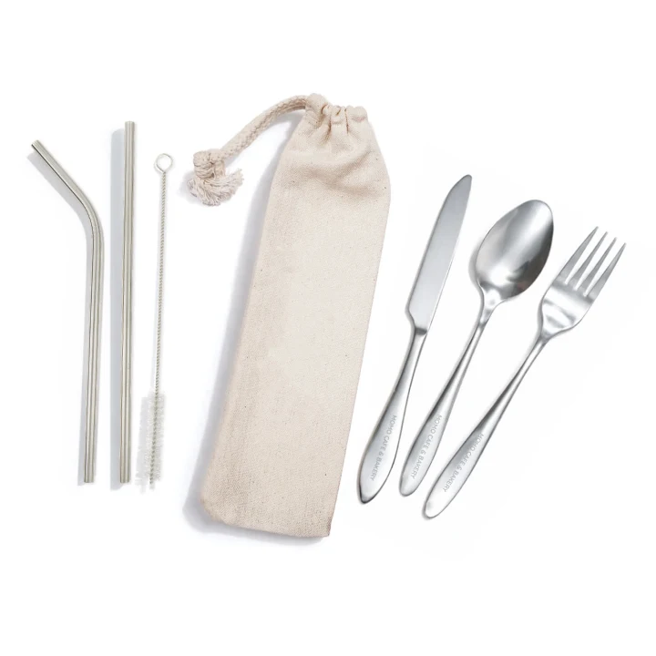 Banquet Stainless Steel Cutlery & Straw Set in Calico Pouch - image 8