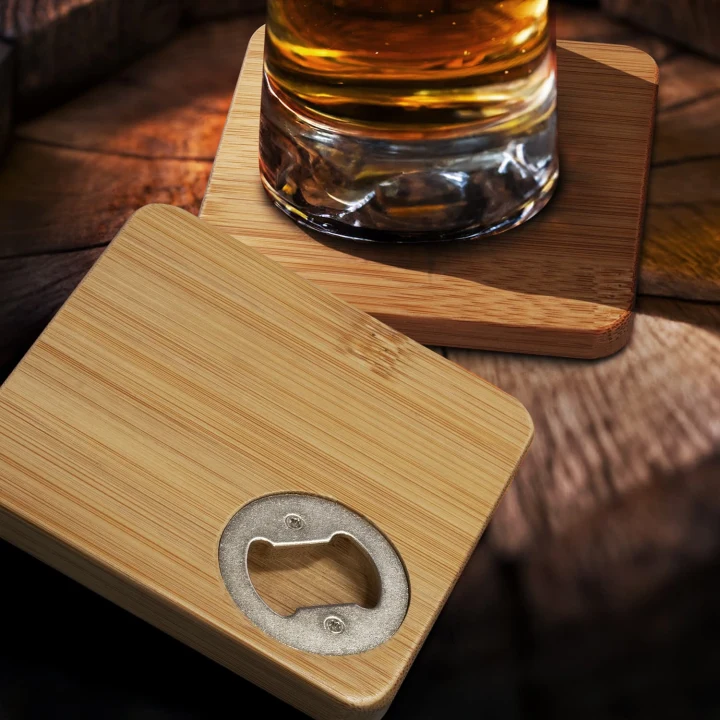 Bamboo Bottle Opener Coaster - Set of 2 - Square - image 4