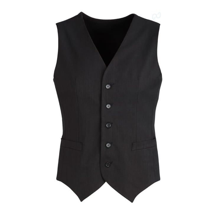 A black men's peaked vest featuring a knitted back, with five buttons and two front pockets.