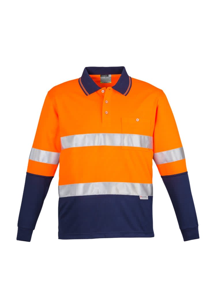 Mens Hi Vis Spliced Long Sleeve Polo - Hoop Taped - ZH235 Image Orange/Navy