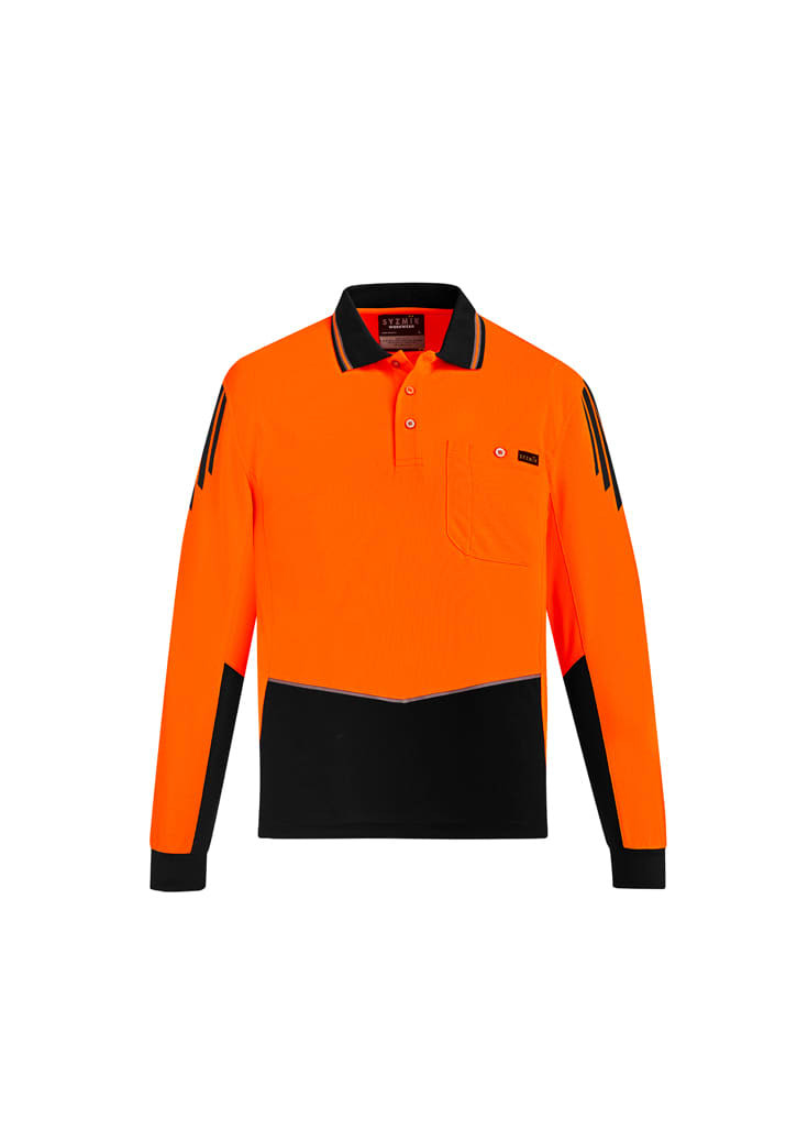 Mens Hi Vis Flux Long Sleeve Polo - ZH310 Image Orange/Black