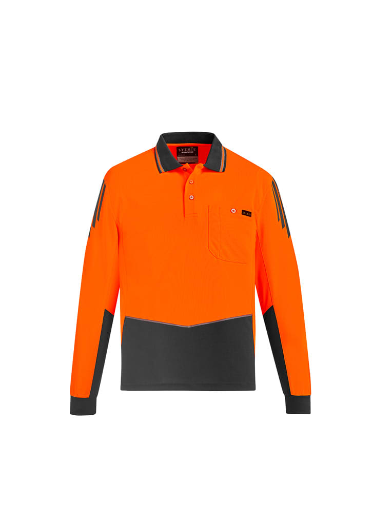 Mens Hi Vis Flux Long Sleeve Polo - ZH310 Image Orange/Charcoal