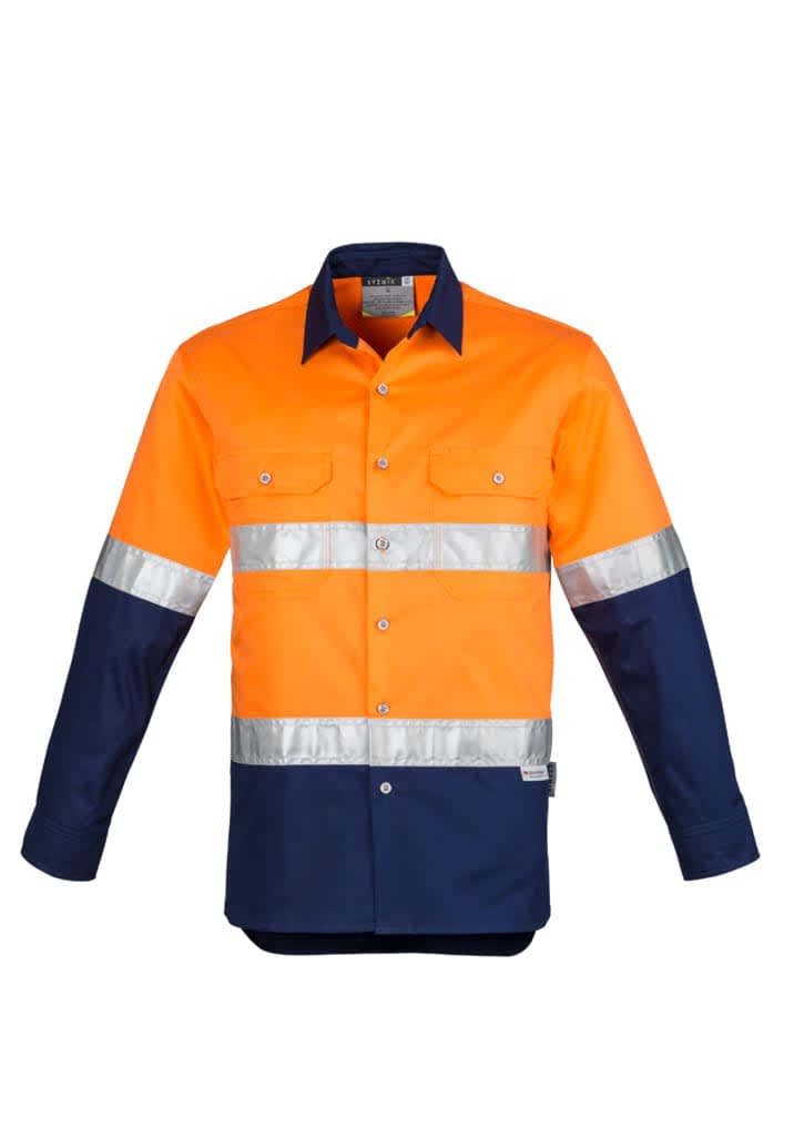 Mens Industrial Long Sleeve Shirt - Hoop Taped - ZW123 Image Orange/Navy