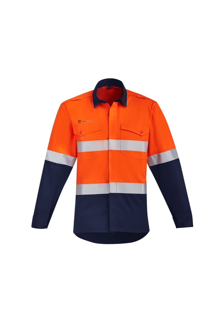 Mens Orange Flame Hi Vis Open Front Spliced Shirt - Hoop Taped - ZW140 Image Orange/Navy