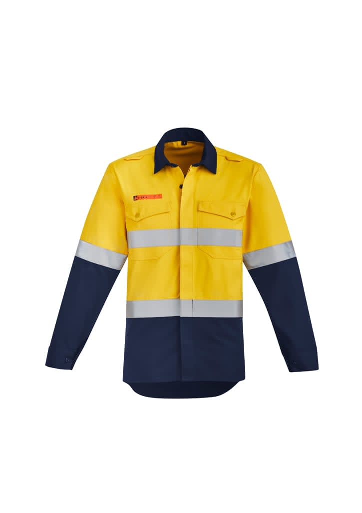 Mens Orange Flame Hi Vis Open Front Spliced Shirt - Hoop Taped - ZW140 Image Yellow/Navy