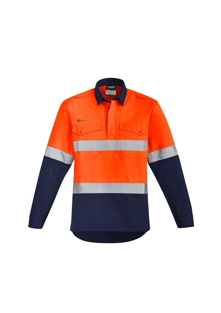 Mens Orange Flame Hi Vis Closed Front Shirt - Hoop Taped - ZW143 Image Orange/Navy