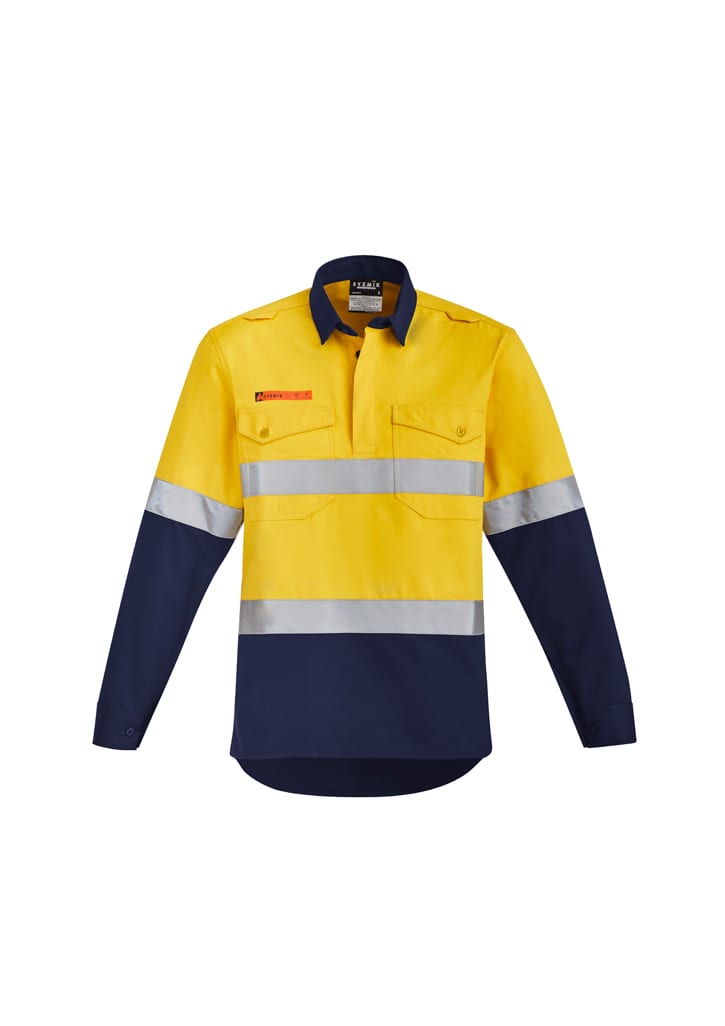 Mens Orange Flame Hi Vis Closed Front Shirt - Hoop Taped - ZW143 Image Yellow/Navy