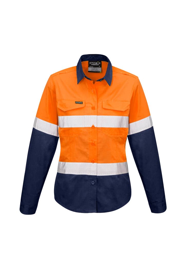 Womens Rugged Cooling HI Vis Taped Long Sleeve Shirt - ZW720 Image Orange/Navy