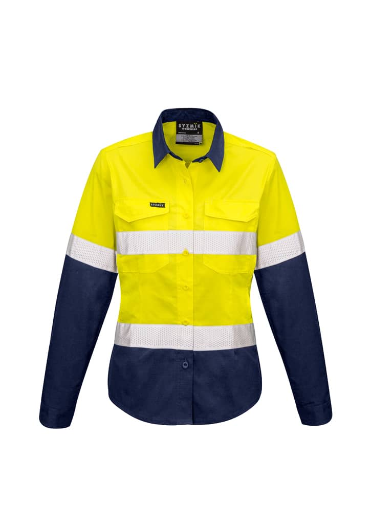 Womens Rugged Cooling HI Vis Taped Long Sleeve Shirt - ZW720 Image Yellow/Navy