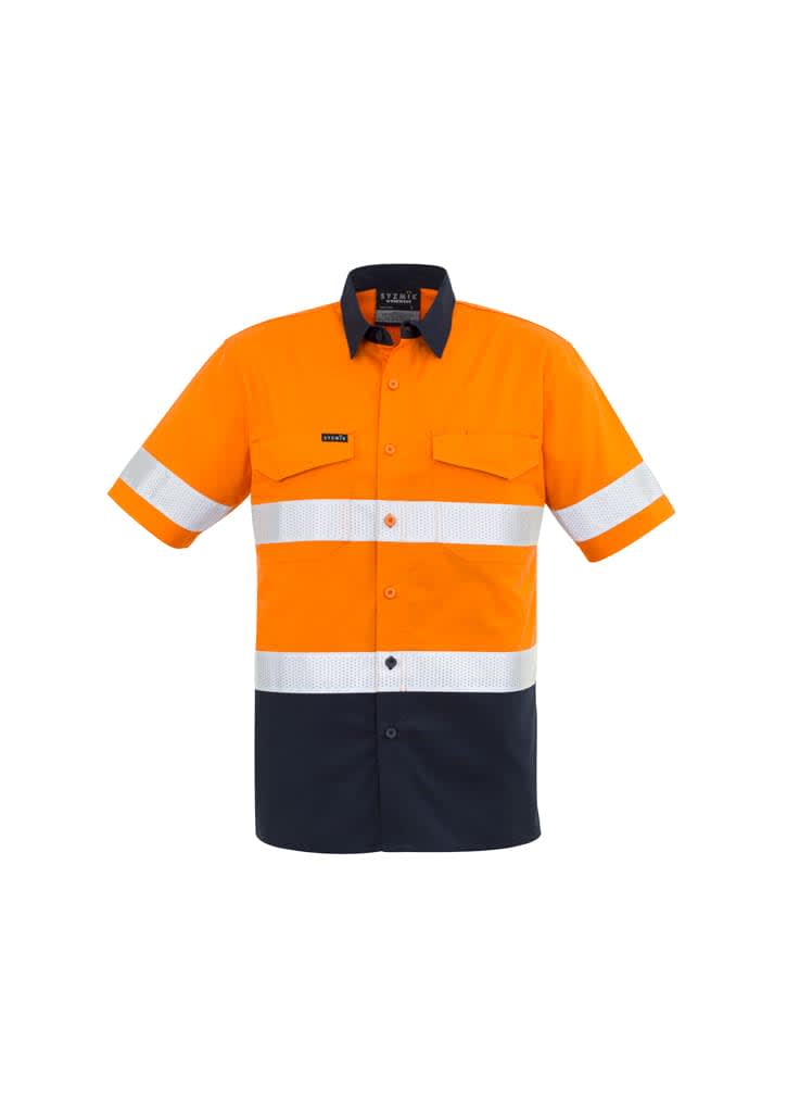 Mens Rugged Cooling HI Vis Taped Short Sleeve Shirt - ZW835 Image Orange/Navy
