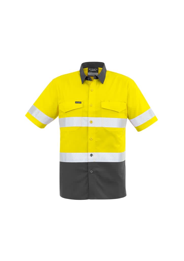 Mens Rugged Cooling HI Vis Taped Short Sleeve Shirt - ZW835 Image Yellow/Charcoal