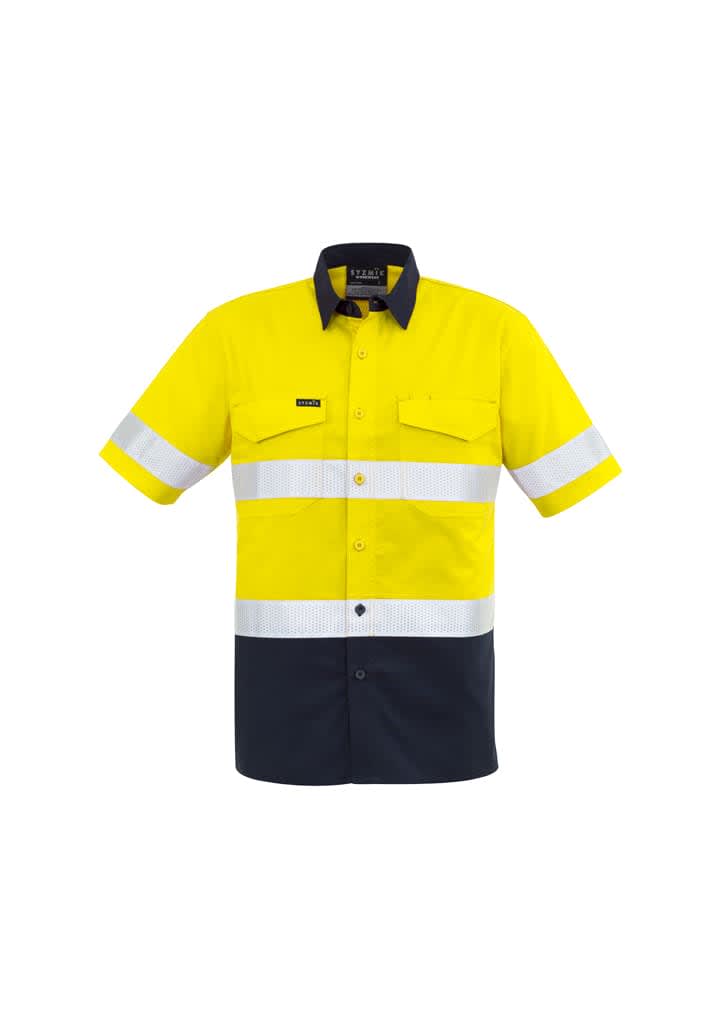 Mens Rugged Cooling HI Vis Taped Short Sleeve Shirt - ZW835 Image Yellow/Navy